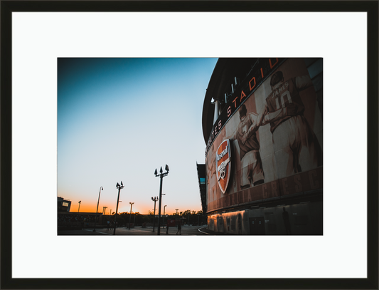 Framed and mounted photograph of Arsenal's Emirates Stadium in North London.
