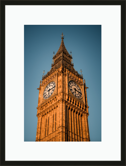 Framed and mounted photograph of the Elizabeth Tower, also known as Big Ben, in central London.