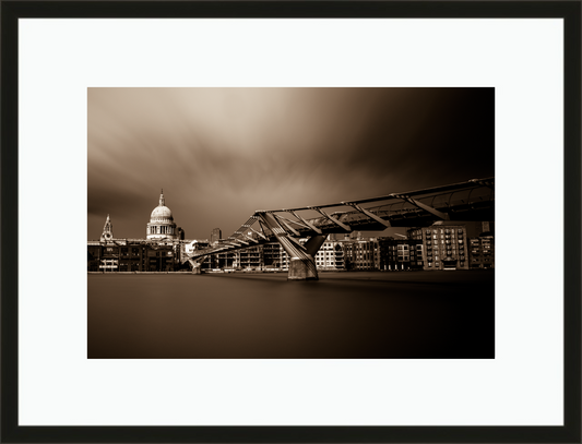 Framed and mounted photograph of Millennium Bridge and St Pauls Cathedral on the river Thames in the city of London