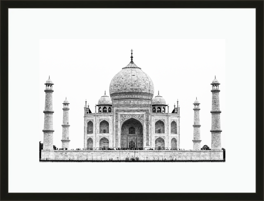 Framed and mounted black and white photograph of the Taj Mahal in Agra