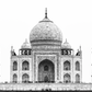 Black and white photograph of the Taj Mahal in Agra