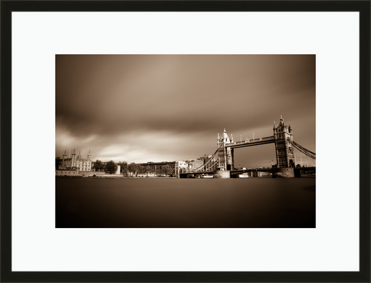 Framed and mounted photograph of Tower Bridge & Tower of London on the river Thames in central London